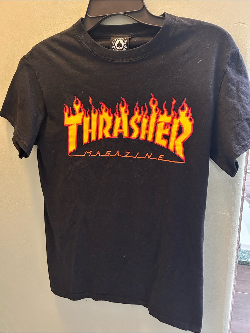 Thrasher Black Tee with Red and Yellow Flame Logo